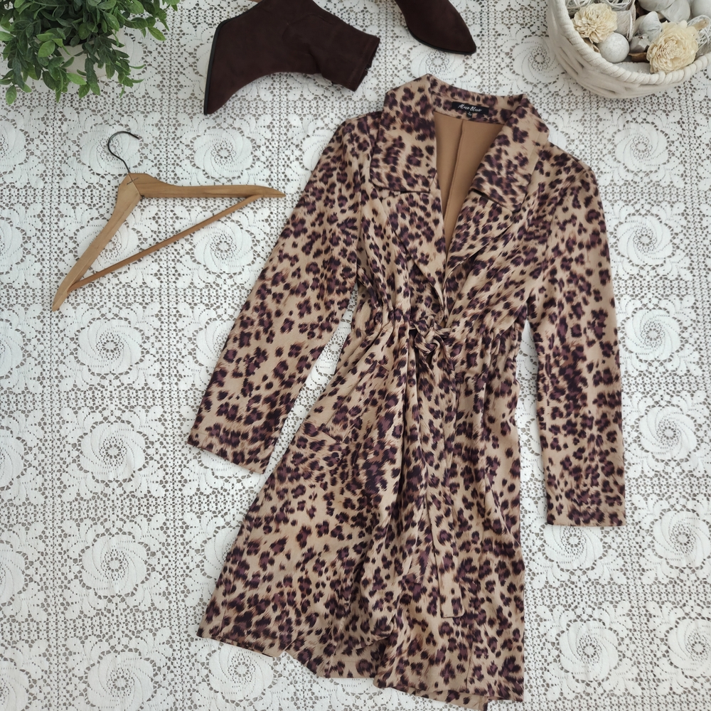 Alice Blue Leopard Print Tie-Waist Trench Coat- Size L